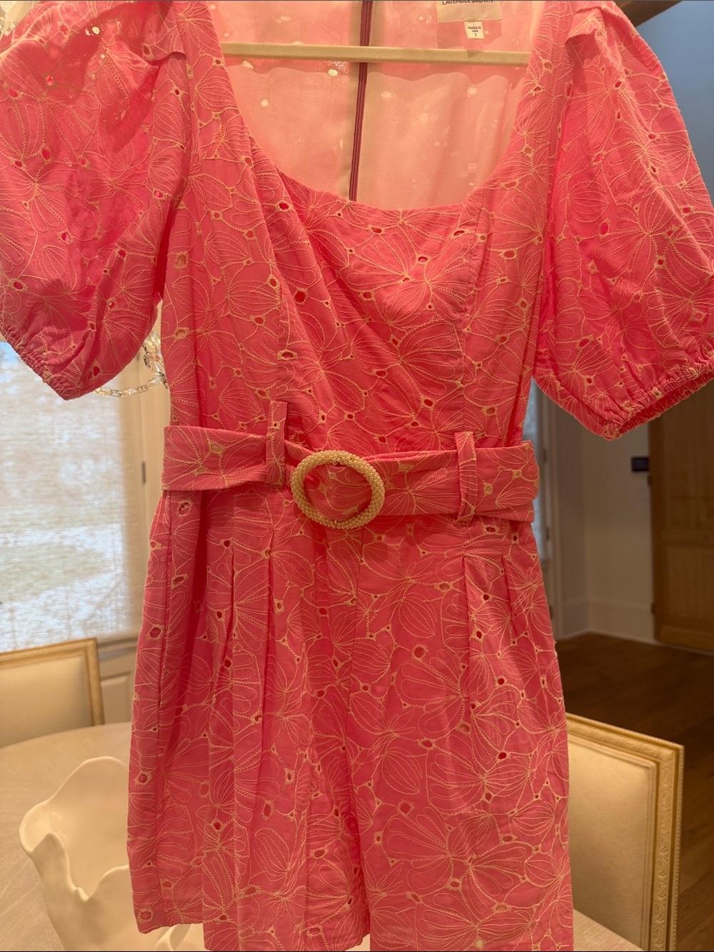 NWOT Lavender Brown Parker Pink Eyelet Belted Puff-Sleeve Romper